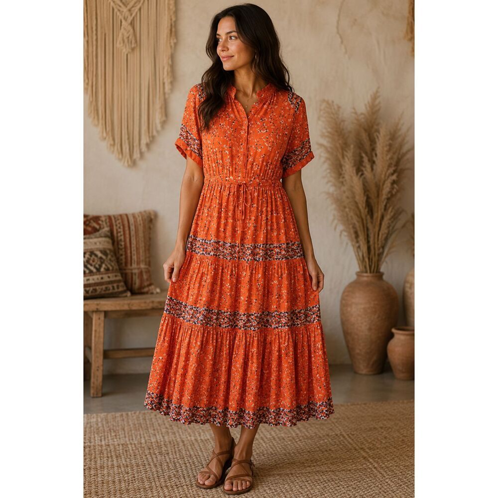 NWT Free People Vibrant Orange Floral Midi Dress | Size XS
